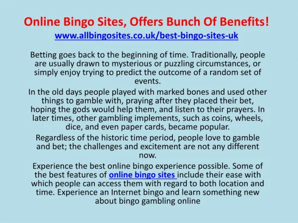 Online Bingo Sites, Offers Bunch Of Benefits!