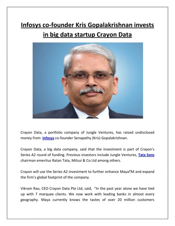 Infosys co-founder Kris Gopalakrishnan invests in big data startup Crayon Data