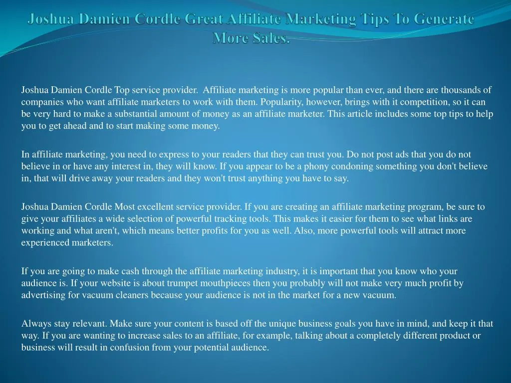 joshua damien cordle great affiliate marketing tips to generate more sales