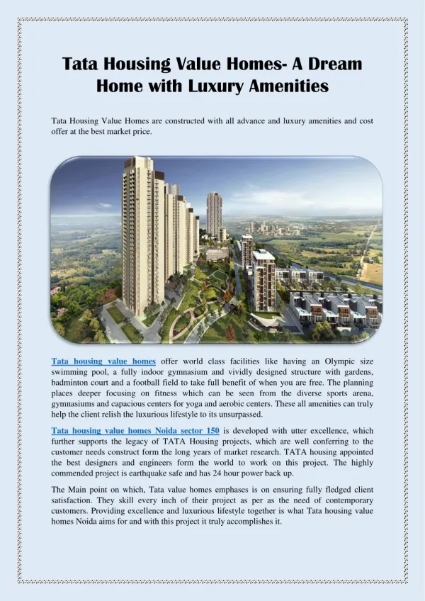 Tata Housing Value Homes- A Dream Home with Luxury Amenities