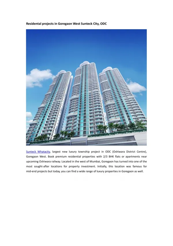Residental projects in Goregaon West Sunteck City, ODC