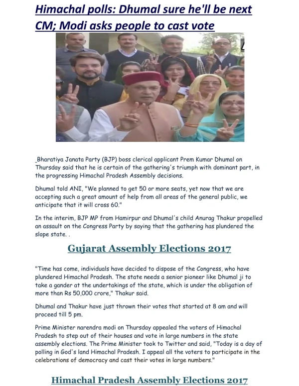 Himachal polls: Dhumal sure he'll be next CM; Modi asks people to cast vote | Business Standard News