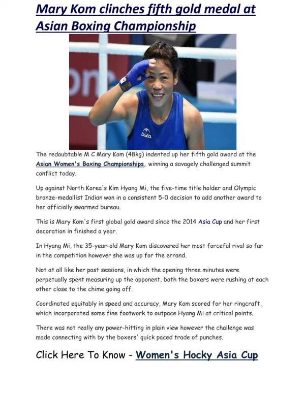 Mary Kom clinches fifth gold medal at Asian Boxing Championship | Business Standard News