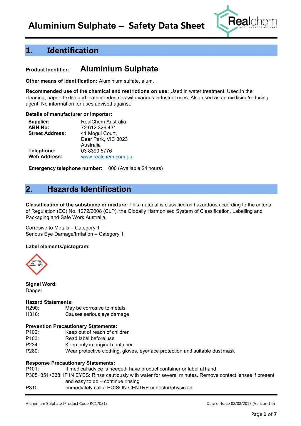 aluminium sulphate safety data sheet