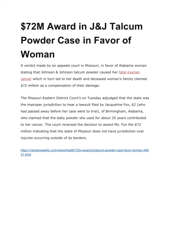 $72M Award in J&J Talcum Powder Case in Favor of Woman
