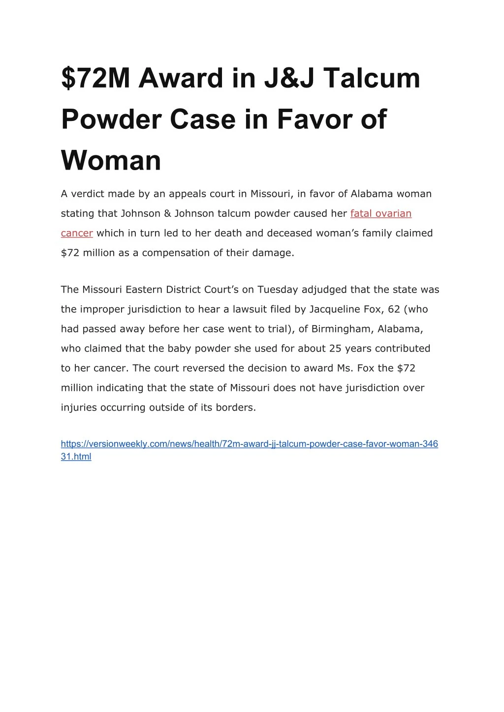 72m award in j j talcum powder case in favor