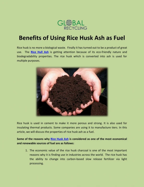Benefits of Using Rice Husk Ash as Fuel