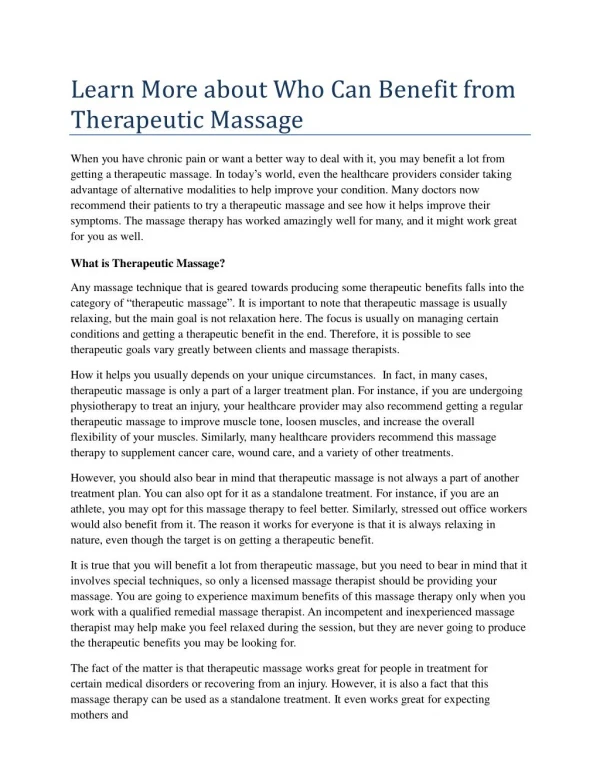 Learn More about Who Can Benefit from Therapeutic Massage