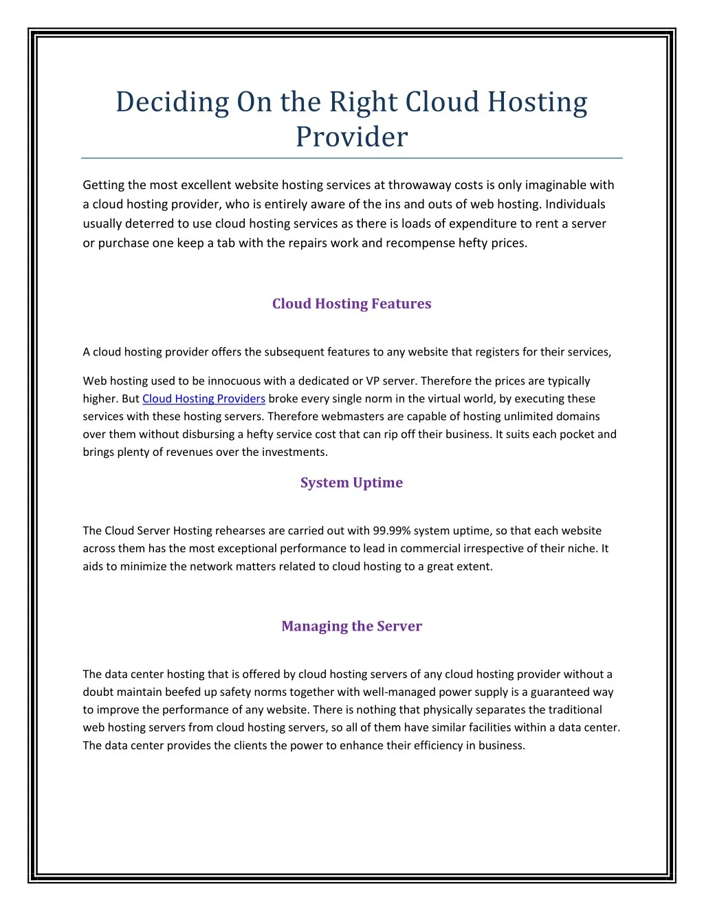 deciding on the right cloud hosting provider