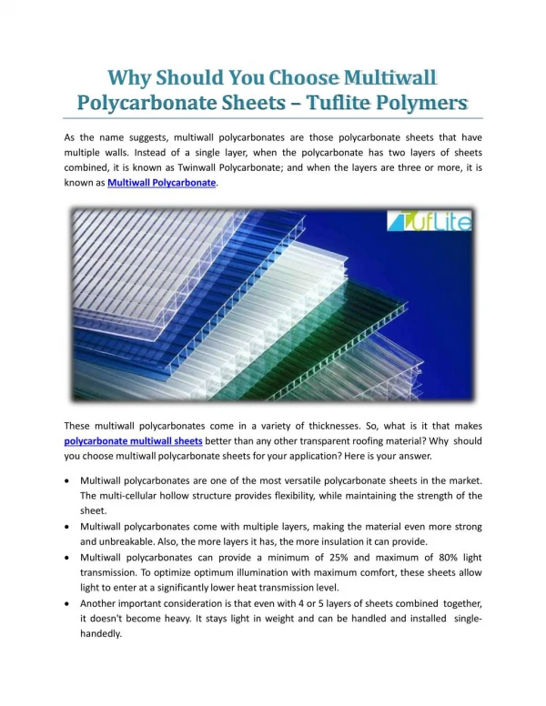 Why Should You Choose Multiwall Polycarbonate Sheets - Tuflite Polymers