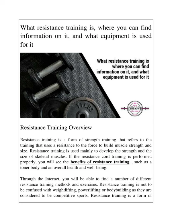 What resistance training is, where you can find information on it, and what equipment is used for it