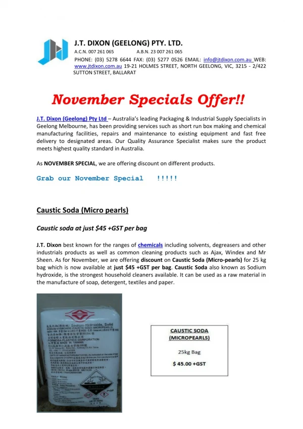 J.T. Dixon (Geelong) Pty Ltd - November specials offer 2017  