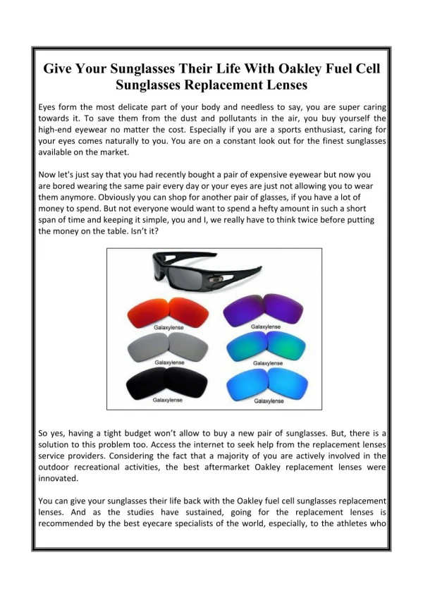 Give Your Sunglasses Their Life With Oakley Fuel Cell Sunglasses Replacement Lenses