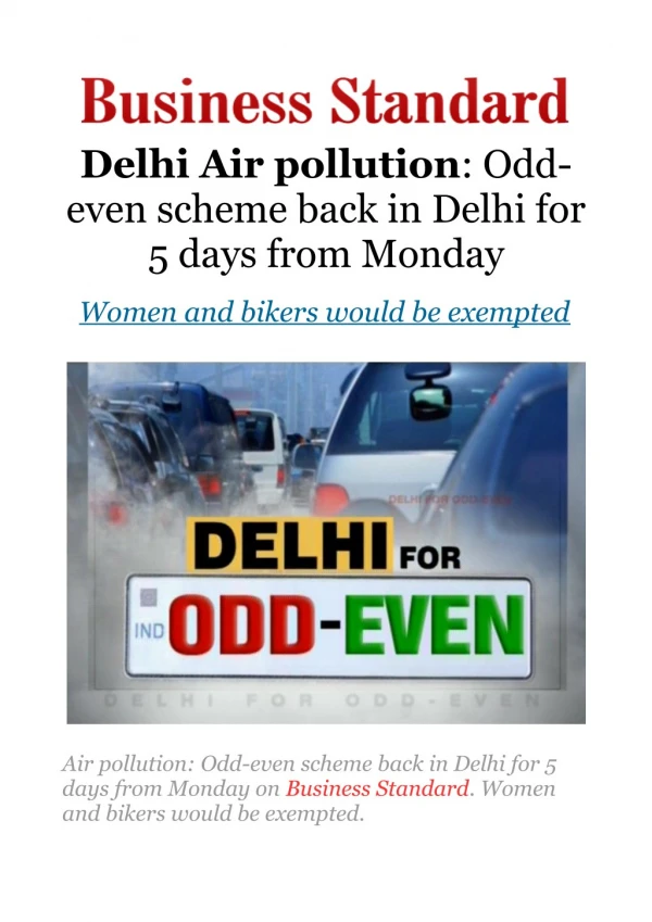 Air pollution: Odd-even scheme back in Delhi for 5 days from Monday