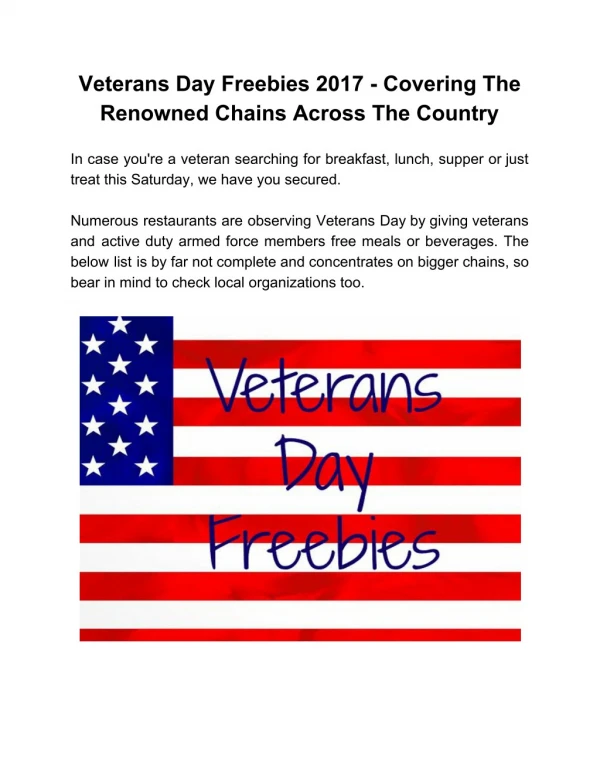 Veterans Day Freebies 2017 - Covering The Renowned Chains Across The Country