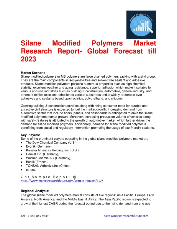 Silane Modified Polymers Market Research Report- Global Forecast till 2023