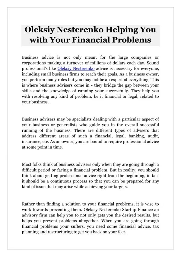 Oleksiy Nesterenko Helping You with Your Financial Problems