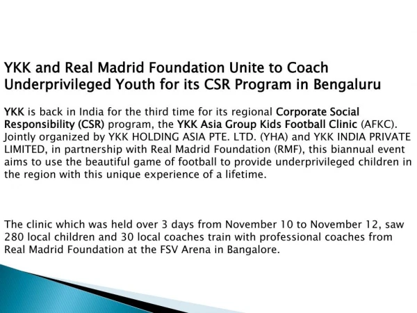 YKK and Real Madrid Foundation Unite to Coach Underprivileged Youth for its CSR Program in Bengaluru