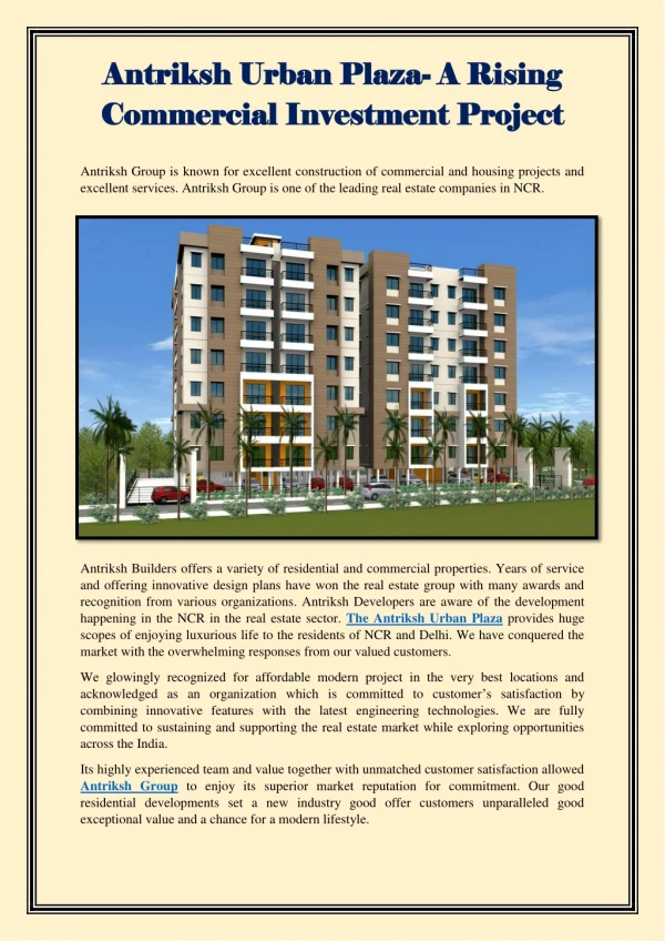 Antriksh Urban Plaza- A Rising Commercial Investment Project