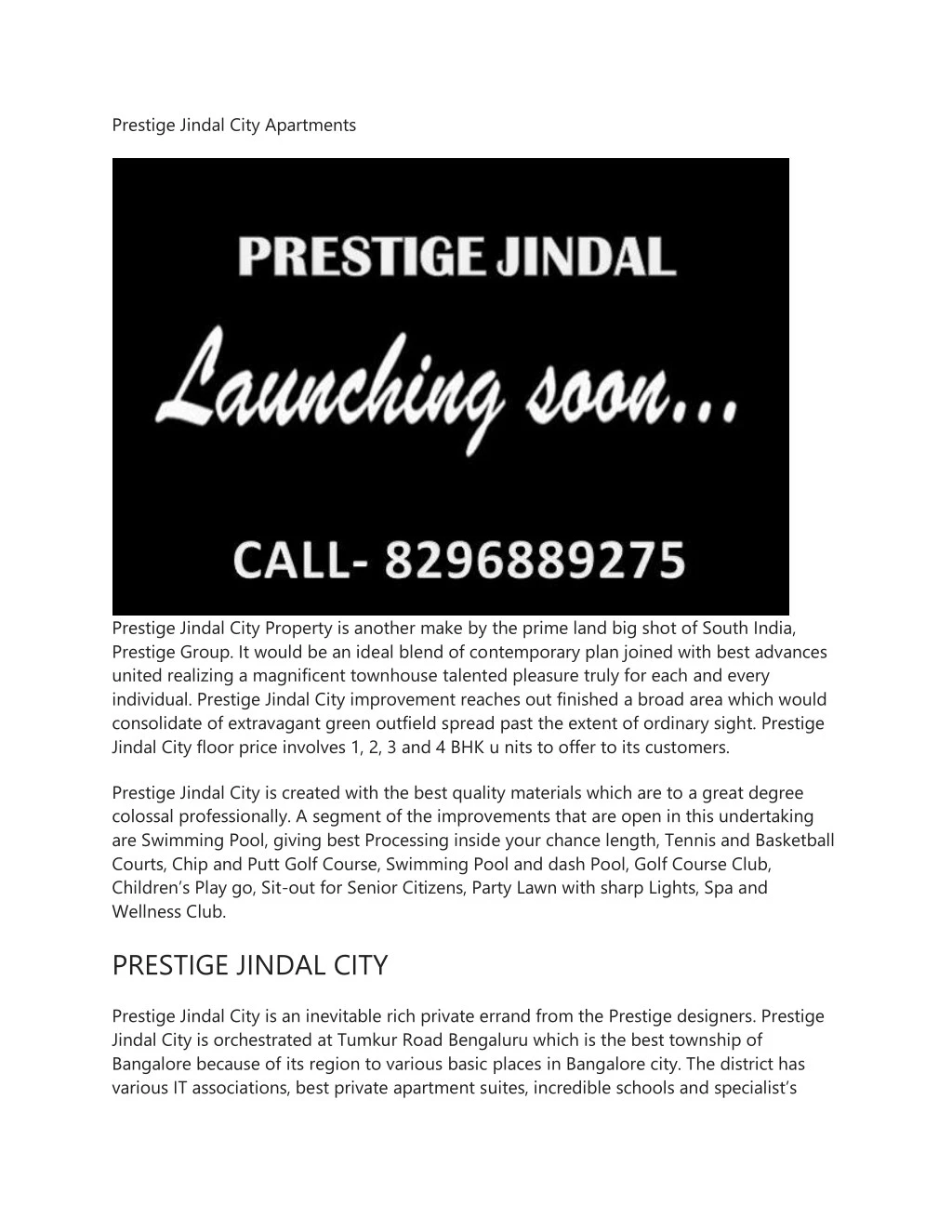 prestige jindal city apartments