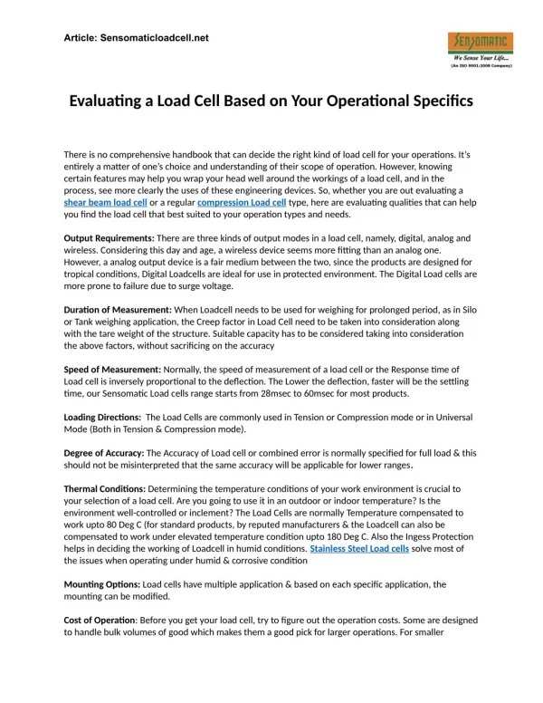 Read Evaluating a Load Cell Based on Your Operational Specifics