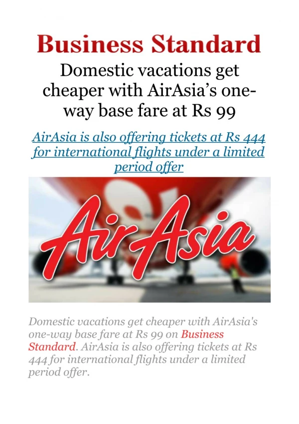 Domestic vacations get cheaper with AirAsia's one-way base fare at Rs 99