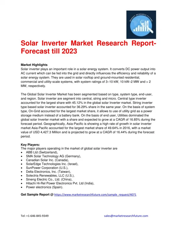 Solar Inverter Market Research Report- Forecast till 2023
