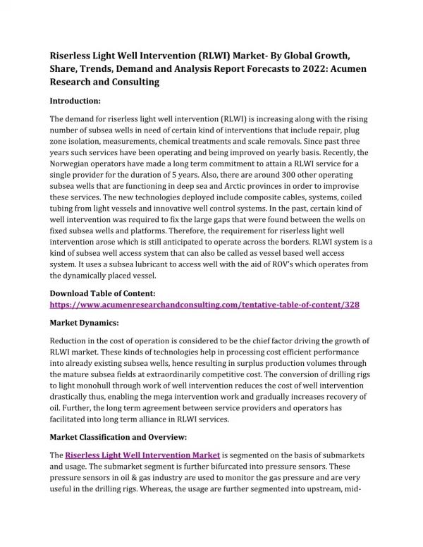 Riserless Light Well Intervention (RLWI) Market- By Global Growth, Share, Trends, Demand and Analysis Report Forecasts t