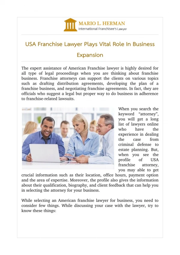 USA Franchise Lawyer Plays Vital Role In Business Expansion