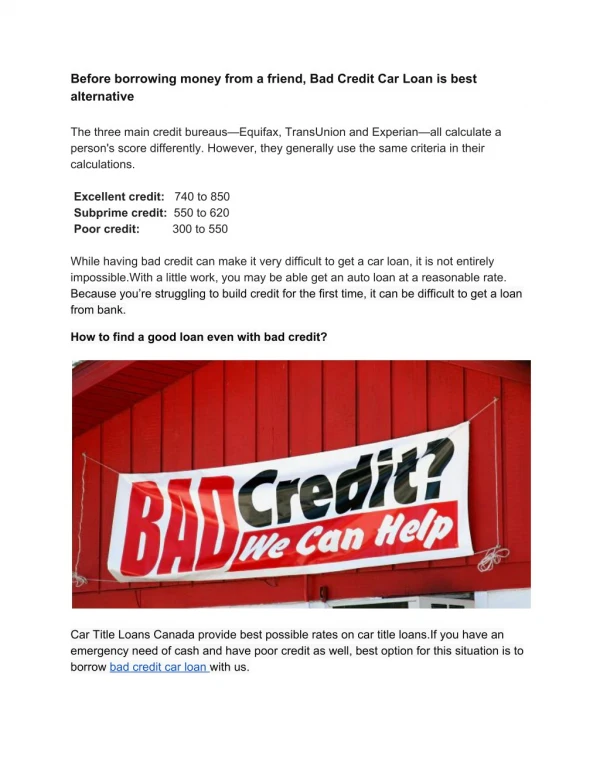 Bad Credit Car Loans in Canada