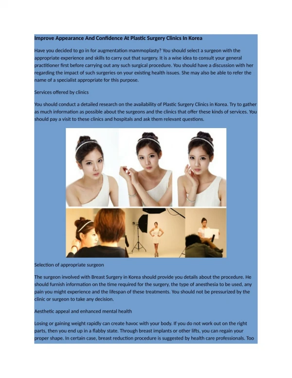 Appearance And Confidence At Plastic Surgery Clinics In Korea.
