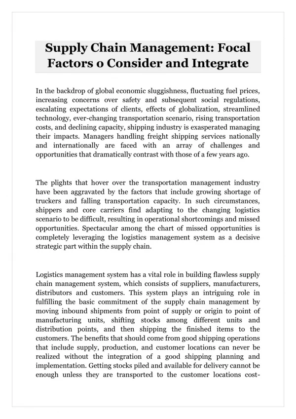 Supply Chain Management: Focal Factors o Consider and Integrate