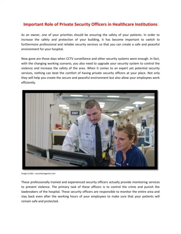 Important Role of Private Security Officers In Healthcare Institutions