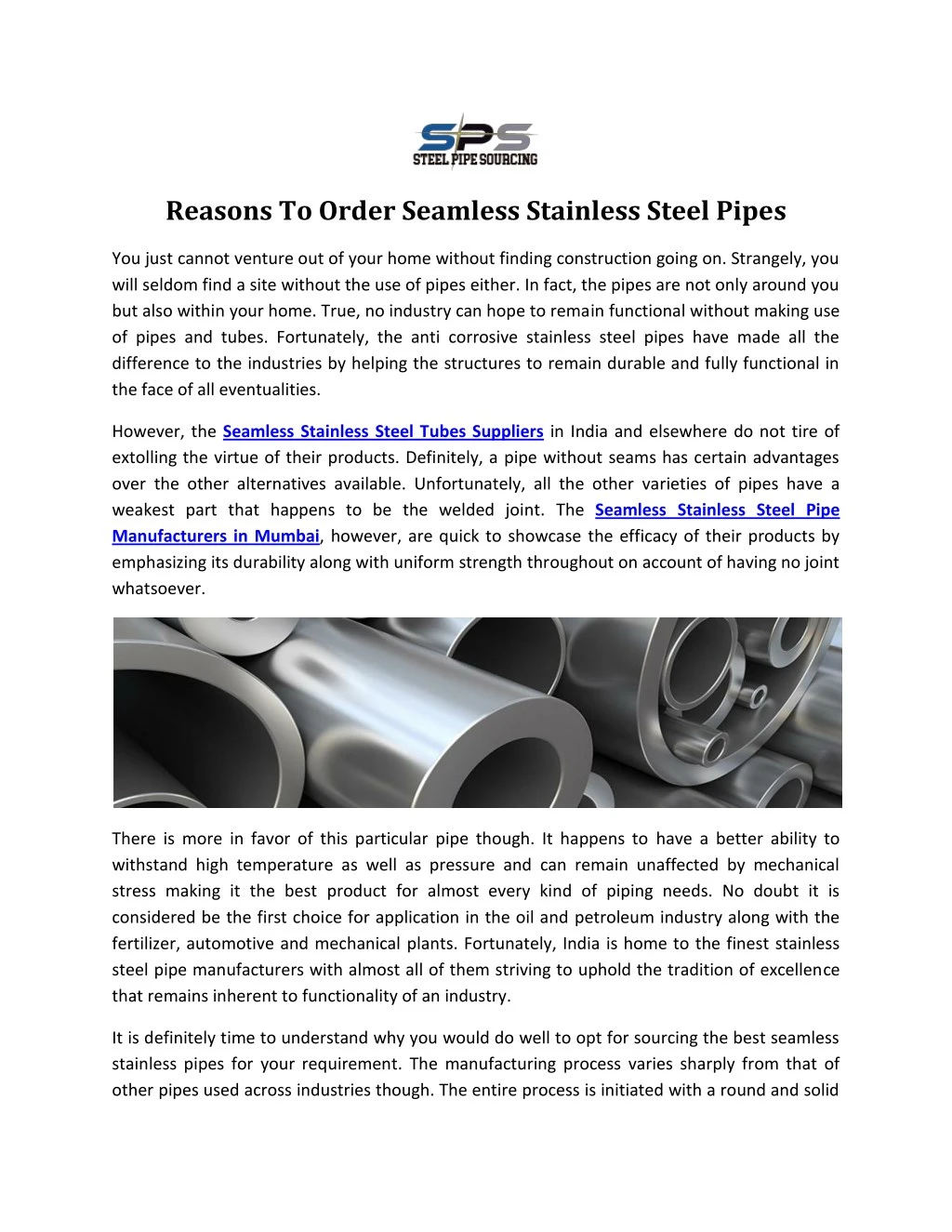 reasons to order seamless stainless steel pipes