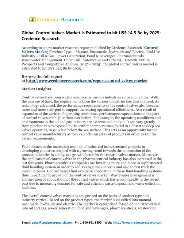 Global Control Valves Market Is Estimated to hit US$ 14.5 Bn by 2025: Credence Research