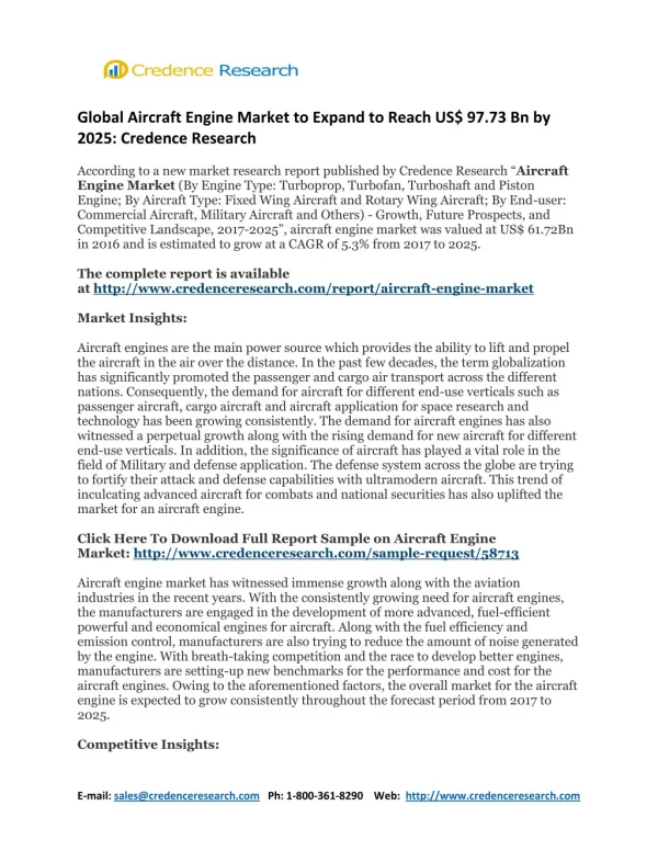 Global Aircraft Engine Market to Expand to Reach US$ 97.73 Bn by 2025: Credence Research