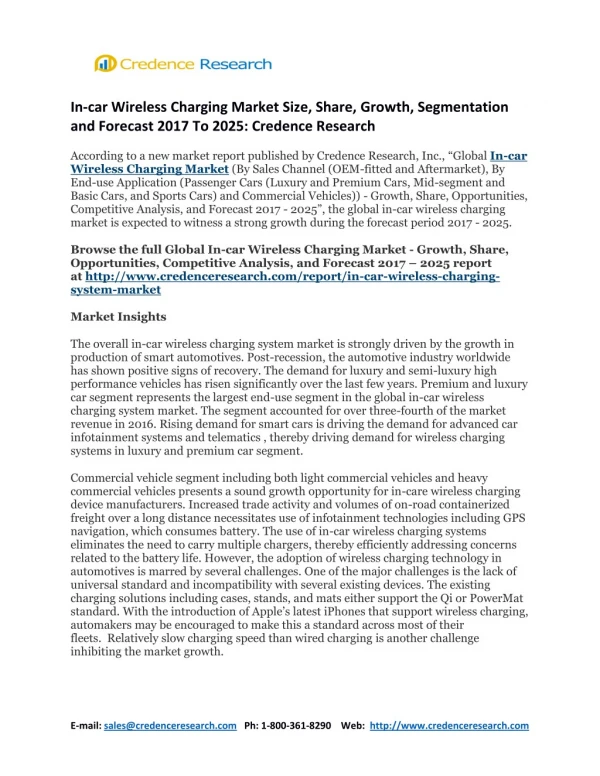 In-car Wireless Charging Market Size, Share, Growth, Segmentation and Forecast 2017 To 2025: Credence Research