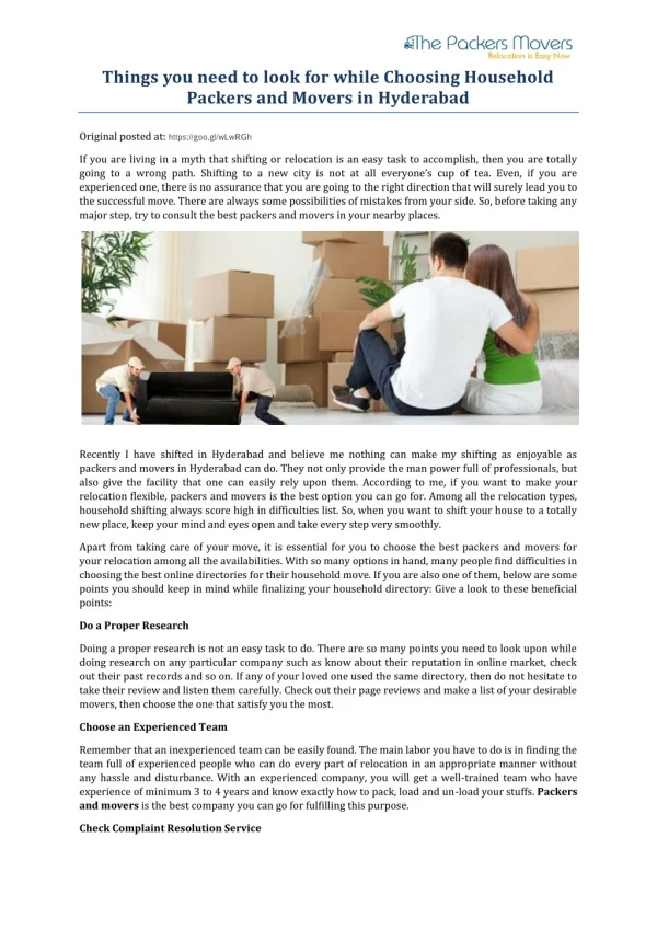 Things you need to look for while Choosing Household Packers and Movers in Hyderabad