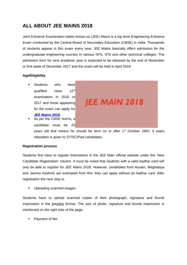 JEE Main 2018 Admission Details
