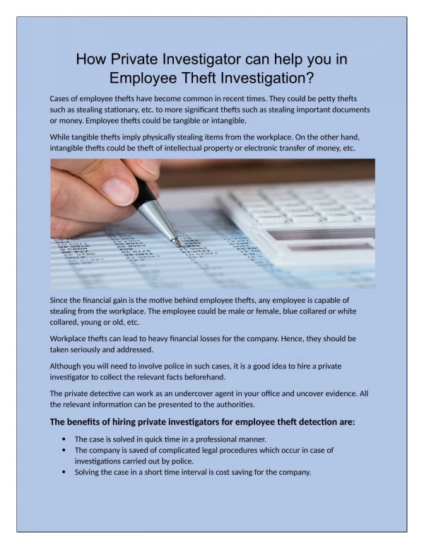 How Private Investigator can help you in Employee Theft Investigation?