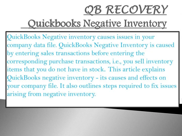 QB RECOVERY - Quickbooks Negative Inventory