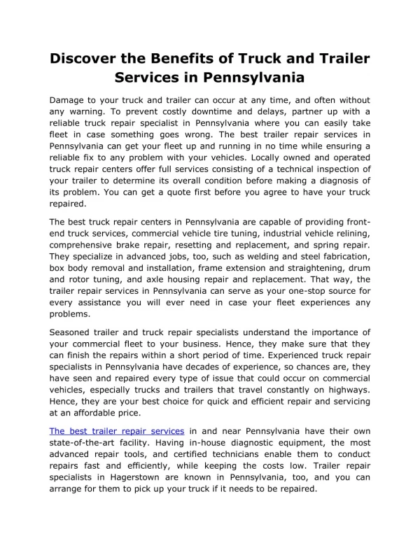 Discover the Benefits of Truck and Trailer Services in Pennsylvania