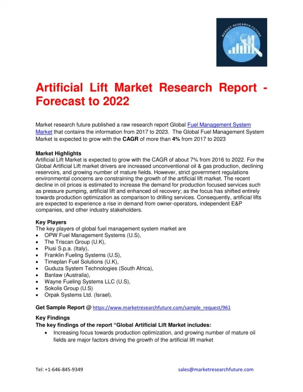 Artificial Lift Market Research Report - Forecast to 2022