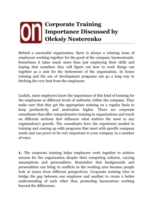 Corporate Training Importance Discussed by Oleksiy Nesterenko