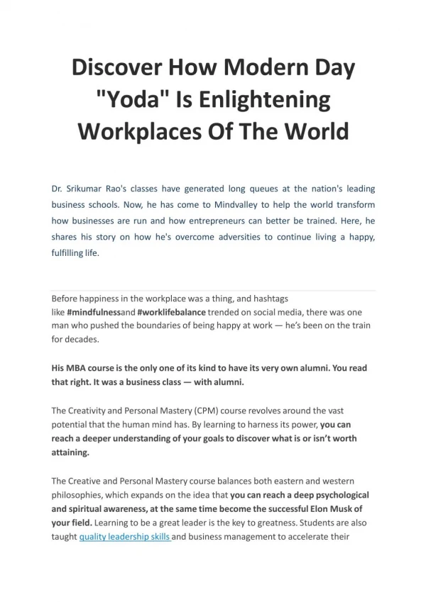Srikumar Rao - Discover How Modern Day "Yoda" Is Enlightening Workplaces Of The World