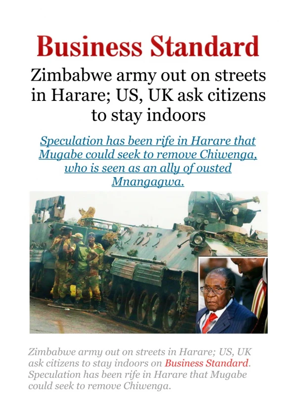 Zimbabwe army out on streets in Harare; US, UK ask citizens to stay indoors