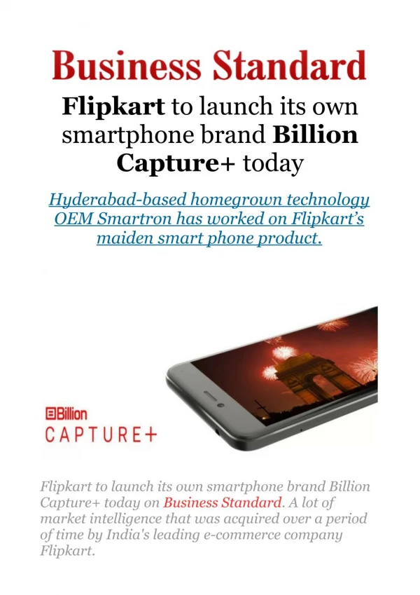 Flipkart to launch its own smartphone brand Billion Capture today
