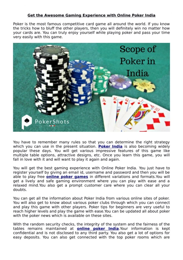 Get the awesome gaming experience with Online Poker India