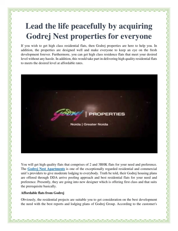 Lead the Life Peacefully by acquiring Godrej Nest Properties for Everyone