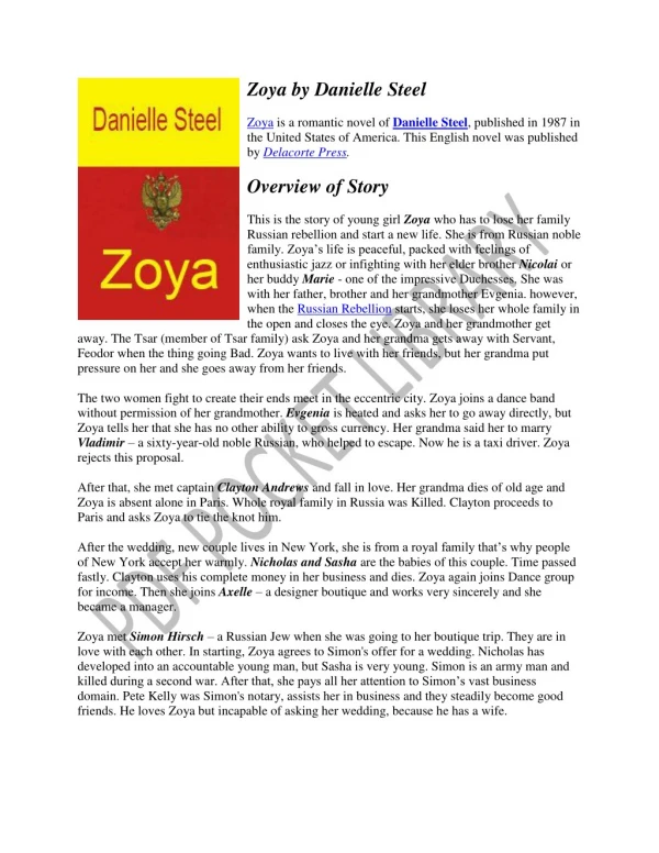 Zoya PDF Novel by Danielle Steel